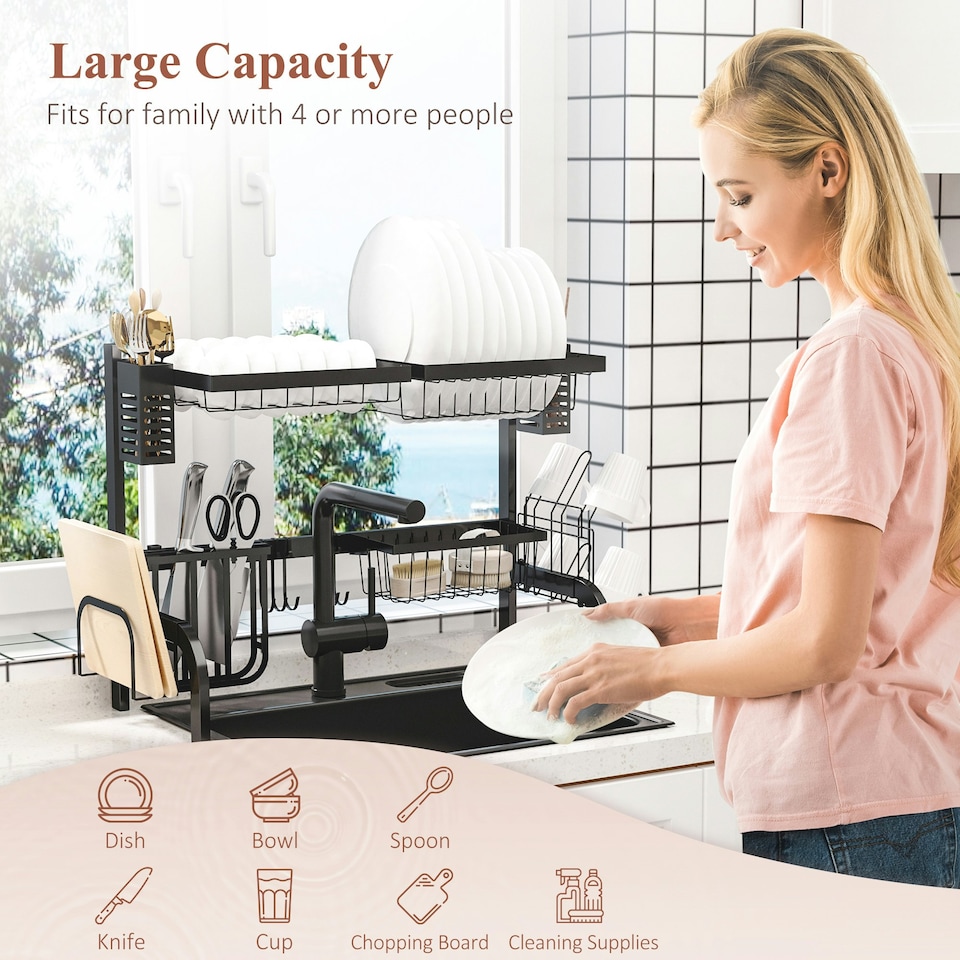 image 1 of HOMCOM 2 Tier Dish Rack, Over The Sink Dish Drainer Rack for Kitchen, Black