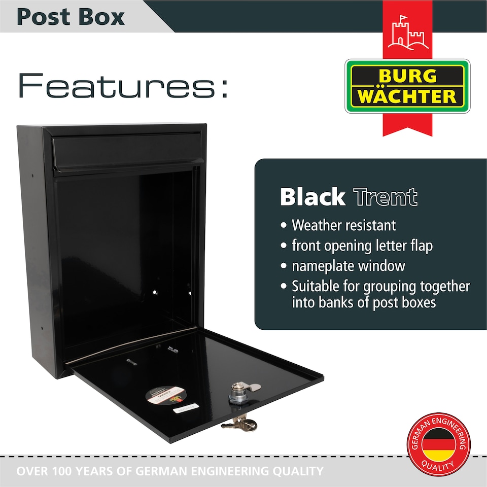 image 1 of Burg-Wachter Trent Wall Mounted Galvanised Steel Lockable Post Box - 26x34x9cm Green