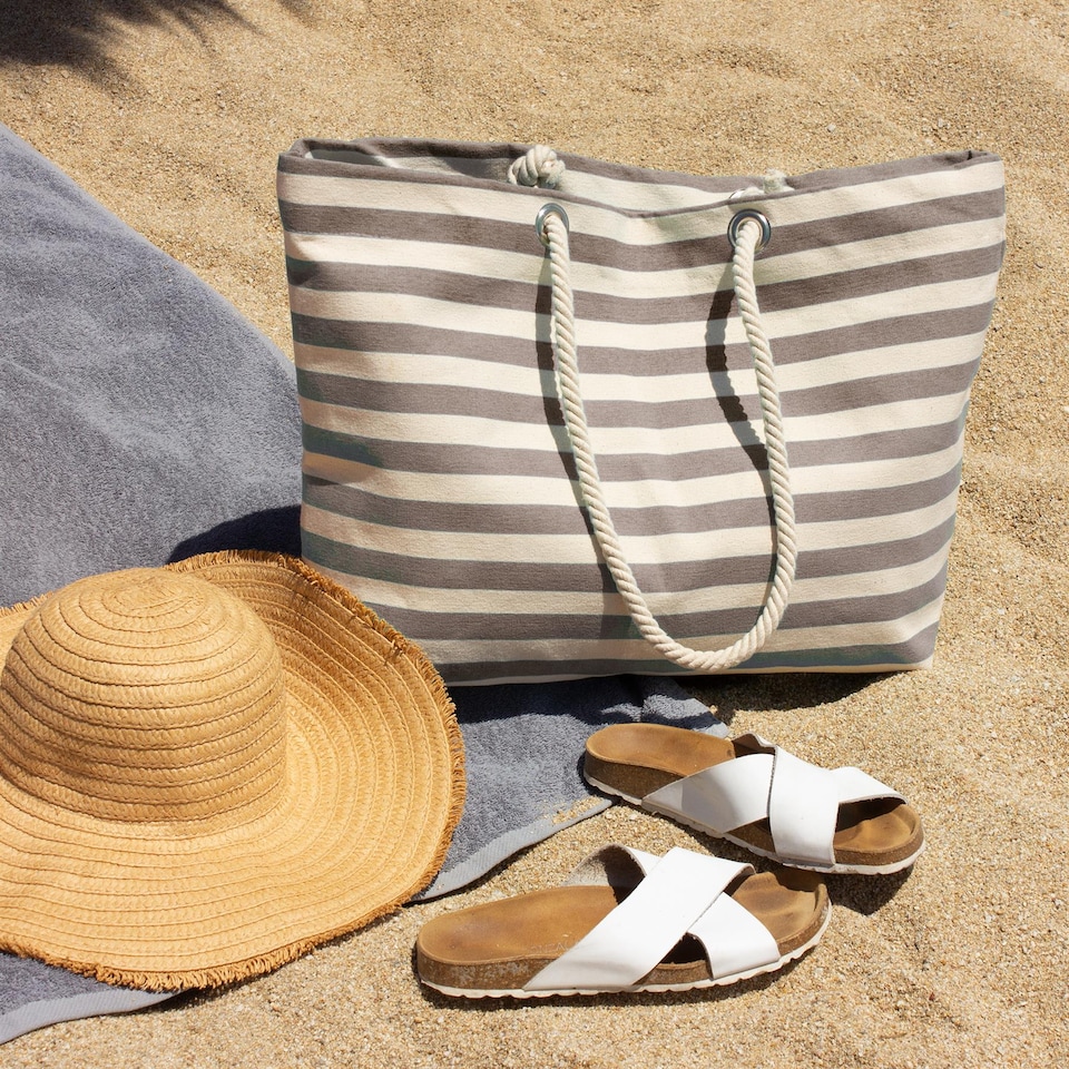 image 1 of Nicola Spring Large Striped Canvas Tote Beach Bag - 55cm x 36cm - Pebble | Grey | Pebble