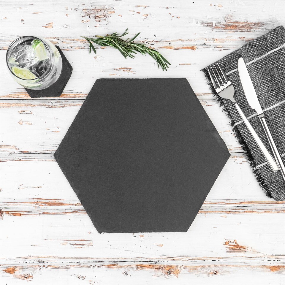 image 1 of Argon Tableware 24x Hexagonal Slate Placemats - Natural Stone Rough Edge Slate Dinner Mats Dinnerware Plate Placemats | Black | Natural | One Size | 24