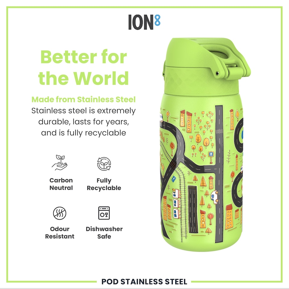 image 1 of Leak Proof Kids Water Bottle, Stainless Steel, 400ml (13oz) | Green | Cars | One Size