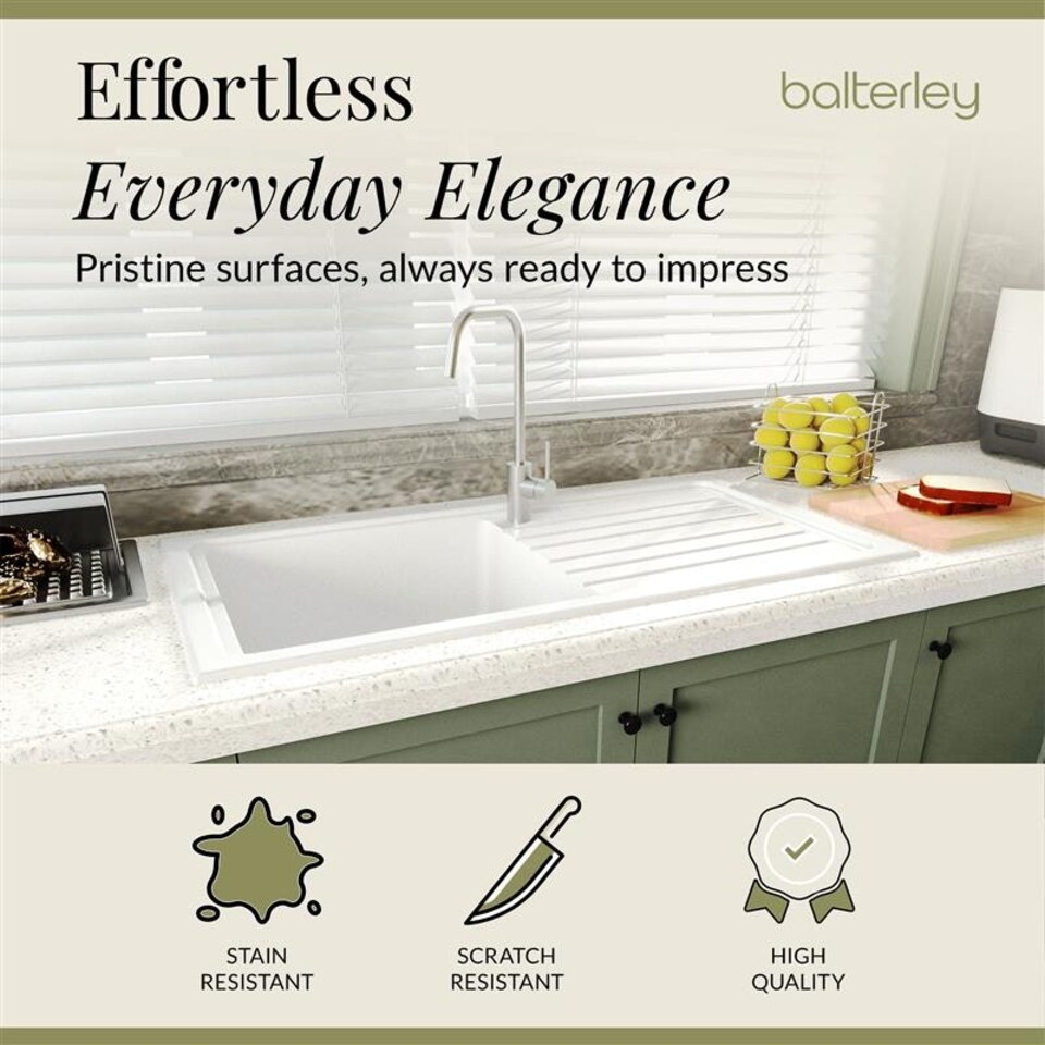 image 1 of Single Bowl Fireclay Ceramic Inset Kitchen Sink & Drainer with Compatible Waste - 1010mm