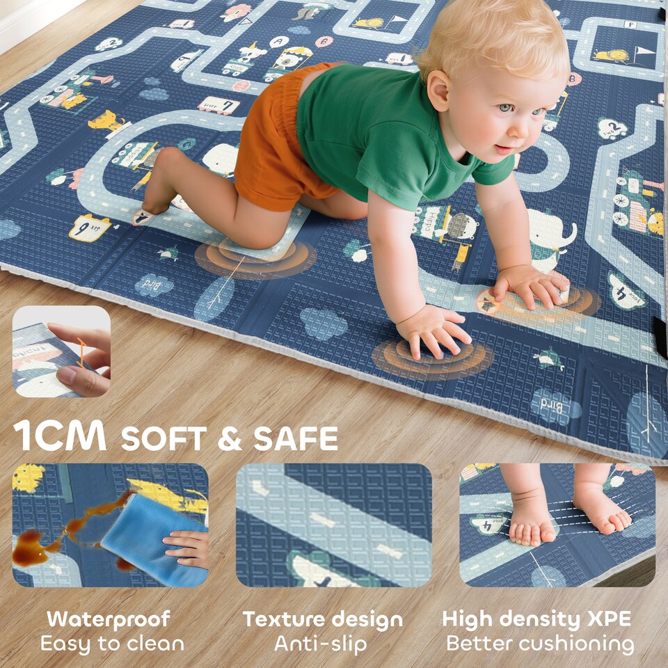 image 1 of AIYAPLAY Foldable Baby Play Mat Double-Sided, Baby Playpen Floor Mats for Toddlers, Waterproof Large Foam Playmat for Playroom and Nursery, 202 x 180.5cm, Traffic and Grey Diamond Theme