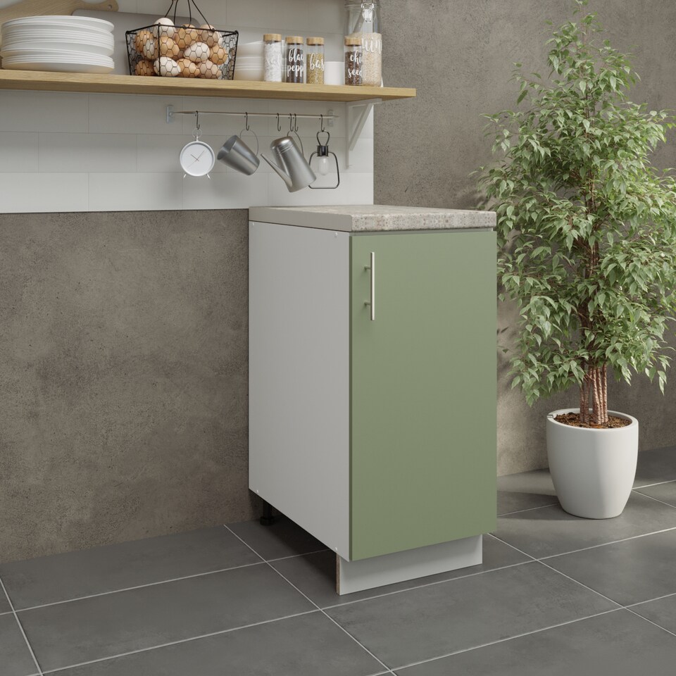 image 1 of JD Greta Adjustable Legs Kitchen Base Unit 400mm Storage Cabinet With Door Shelf 40cm - Sage Green Matt With Worktop