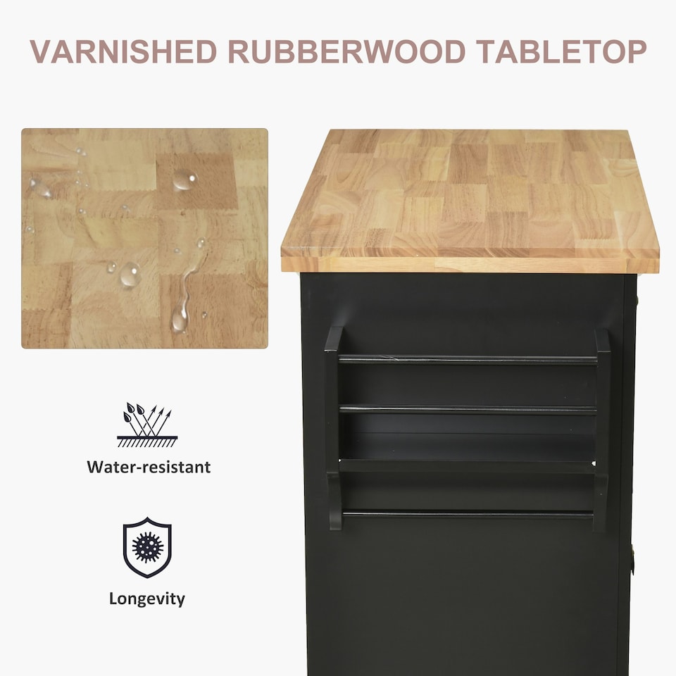 image 1 of HOMCOM Rolling Kitchen Island Cart with Rubber Wood Top Black