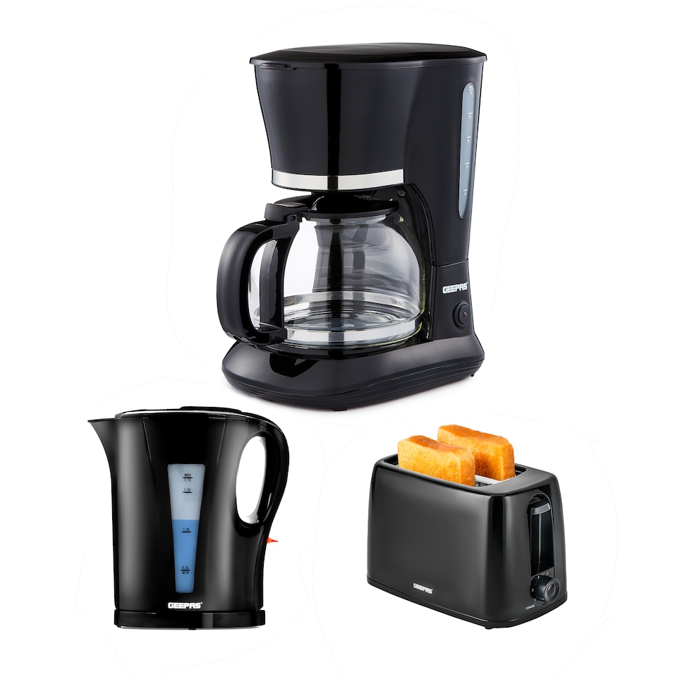 GEEPAS 1.5L Filter Coffee Machine, 1.7L Electric Kettle & 2 Slice Toaster Combo Set