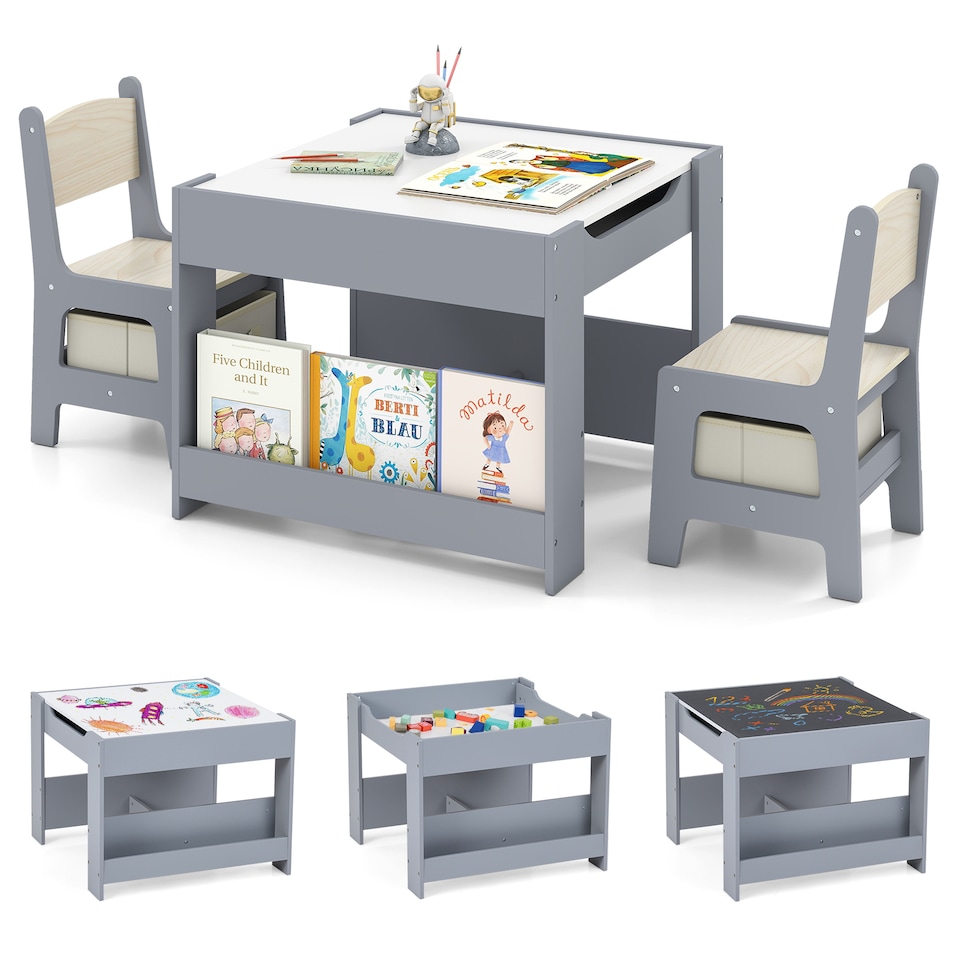 image 1 of COSTWAY Kids Table & Chairs Set 4 in 1 Toddler Table Grey