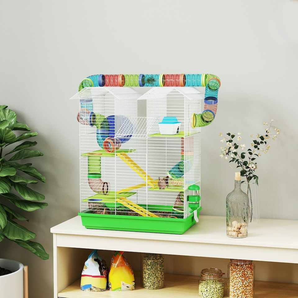 image 1 of PawHut 5 Tiers Hamster Cage Animal Travel Carrier Habitat, Green