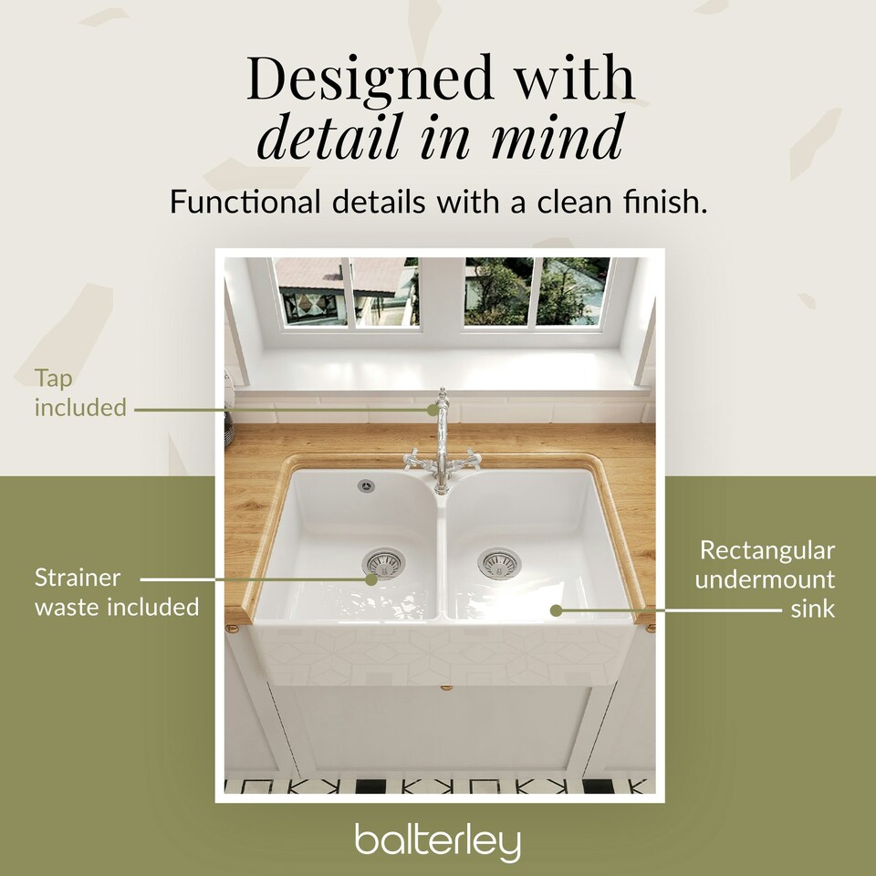 image 1 of Fireclay Kitchen Sink - 795mm Double Bowl Butler with Stepped Weir, Classic Tap and Wastes - Kitchen Bundle Set by Balterley