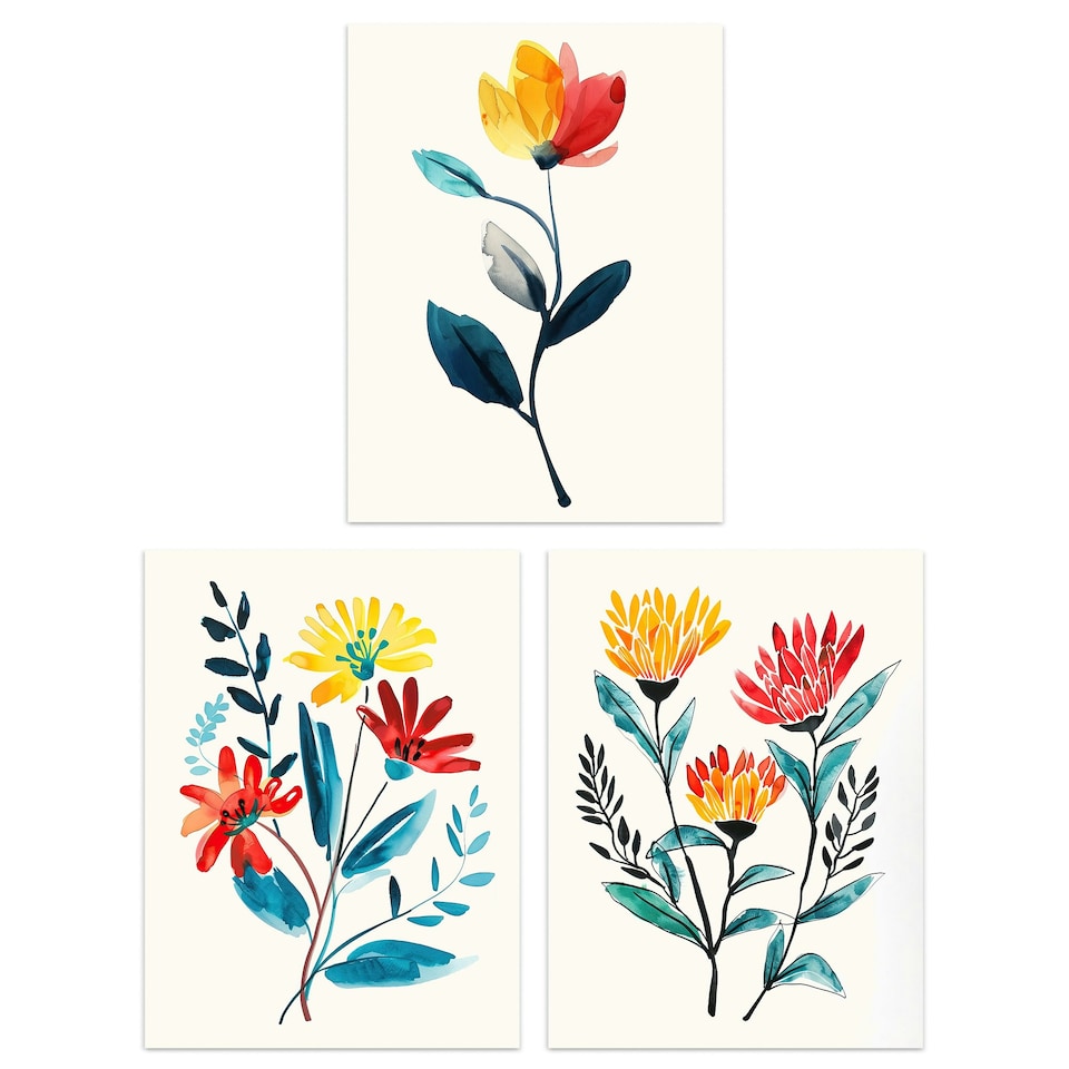image 1 of Set of 3 Prints Wildflowers Floral Watercolour Bright Wall Art