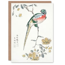Numata Kashu Art Card Macaw Parrot and Peach Flowers