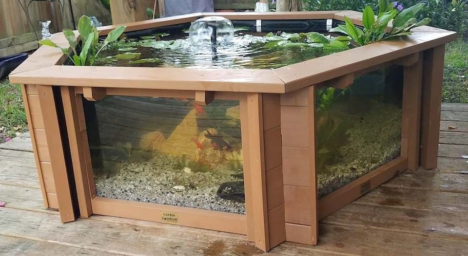 image 1 of Raised hexagon pond with large windows Lily Clear View Garden Aquarium in Natural Brown