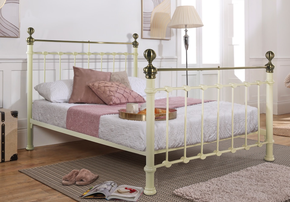 image 1 of 4ft6 Double Brass Finish,Ivory Cream,Traditional Antique Victorian Metal Bed Frame | Cream | Antique Brass & Ivory Cream | Double