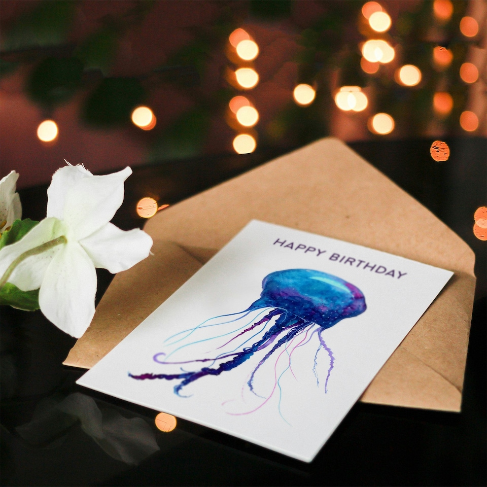image 1 of Happy Birthday Jellyfish Watercolor Painting Birthday Card