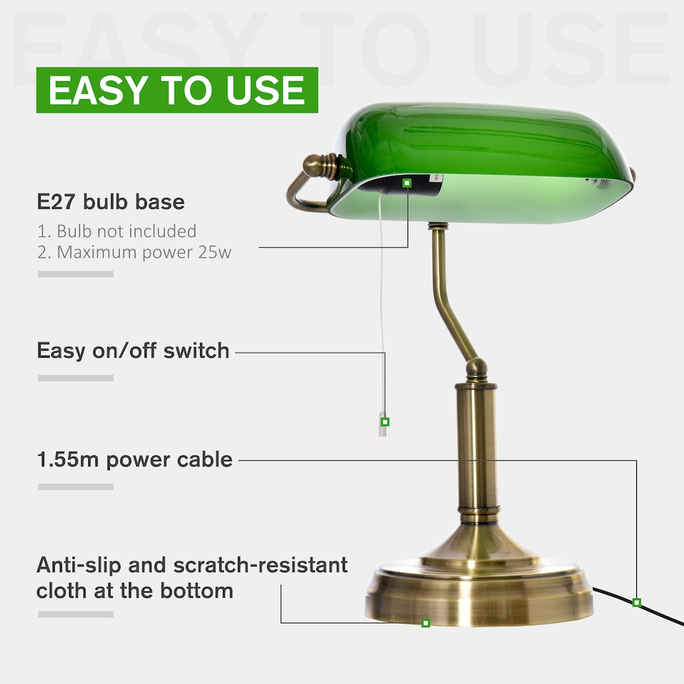 image 1 of HOMCOM Banker's Table Lamp w/ Antique Bronze Tone Base, Green