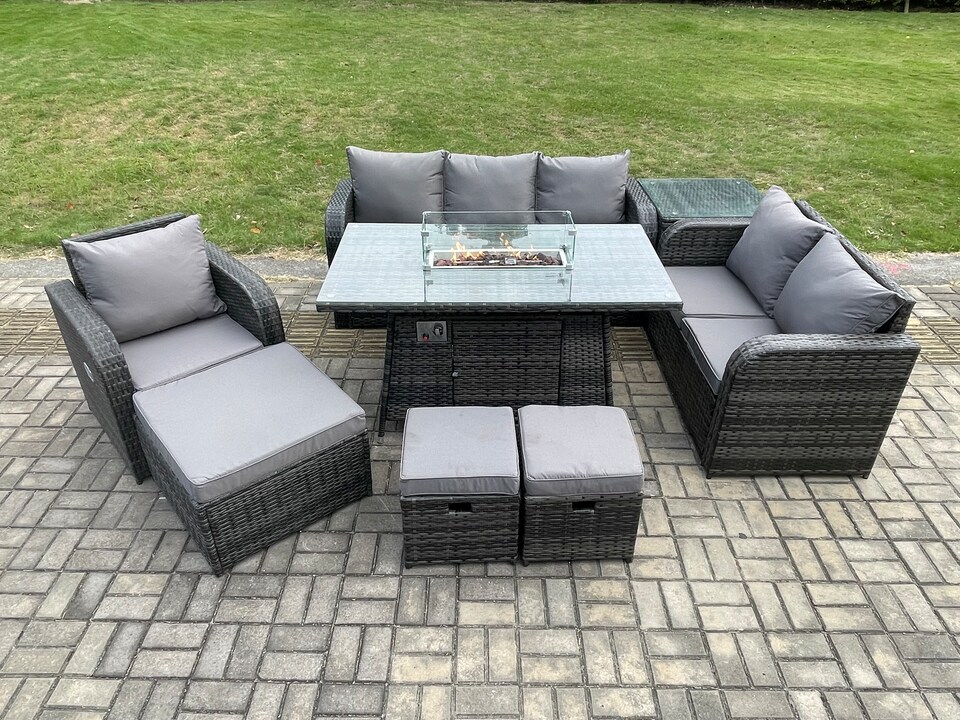 image 1 of Fimous Garden Patio Furniture Wicker Rattan Gas Fire Pit Table and Sofa Chair set with Side Table 3 Footstool