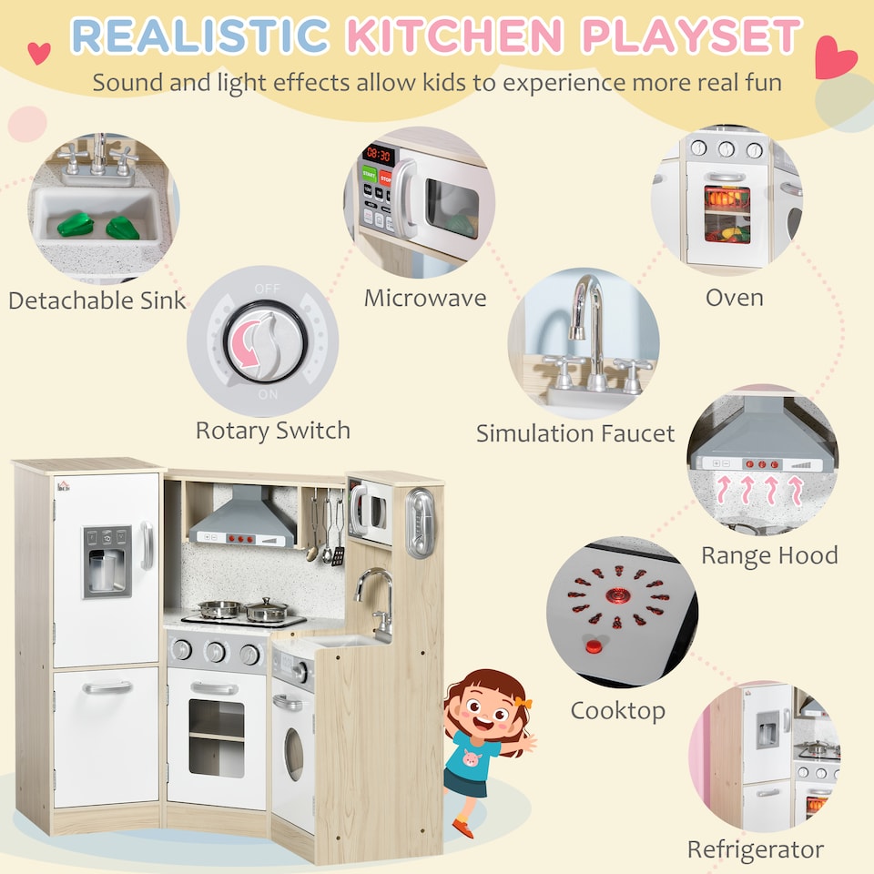 image 1 of HOMCOM Kids Kitchen Playset Pretend Toy Kitchen with Role Play Accessories, Sound and Light Effects, Phone, Storage Space
