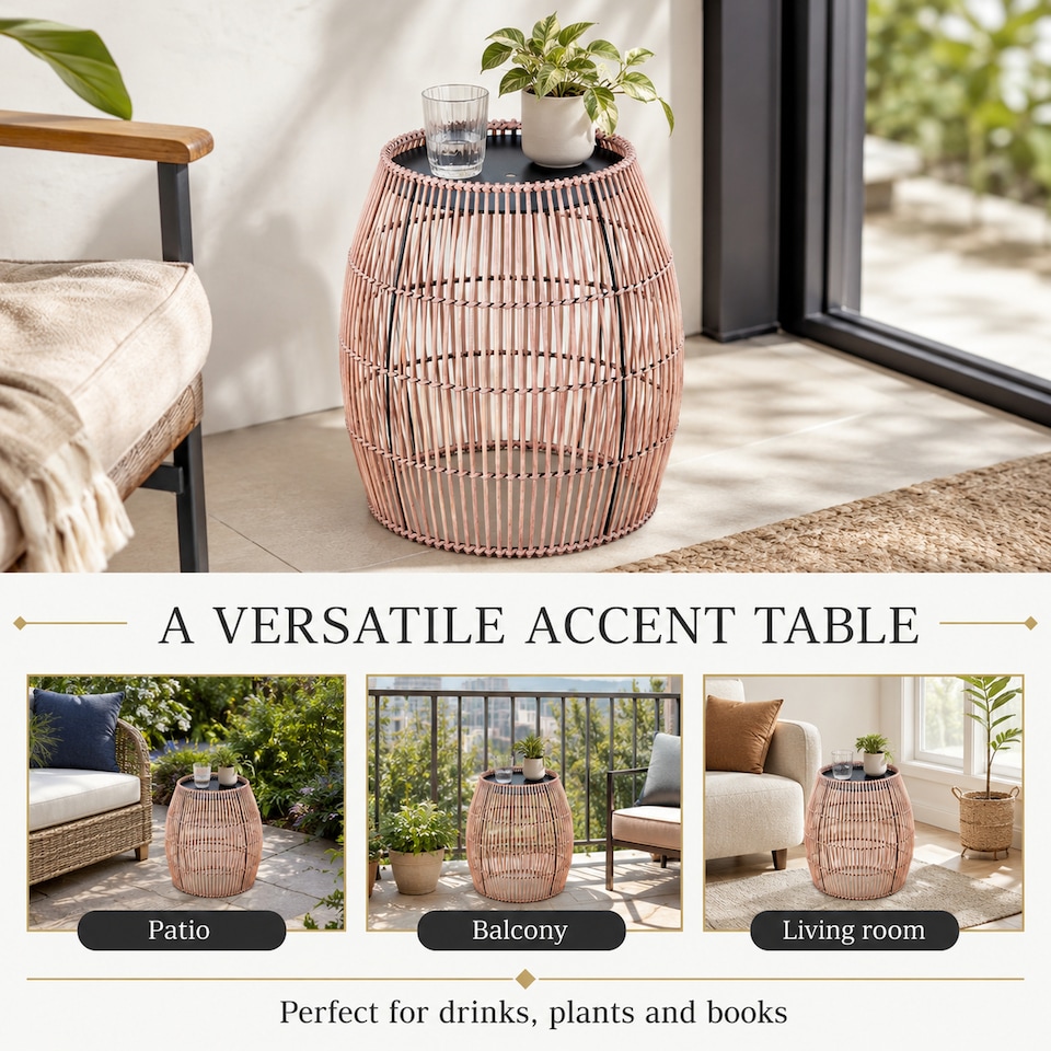image 1 of Teamson Bamboo Outdoor Side Table with Iron Frame, Round Boho Accent Table