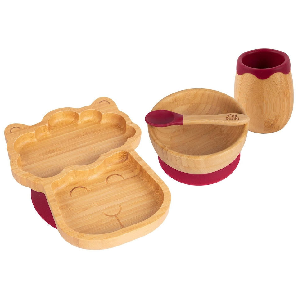 image 1 of Tiny Dining 4pc Llama Bamboo Suction Baby Feeding Set - Red