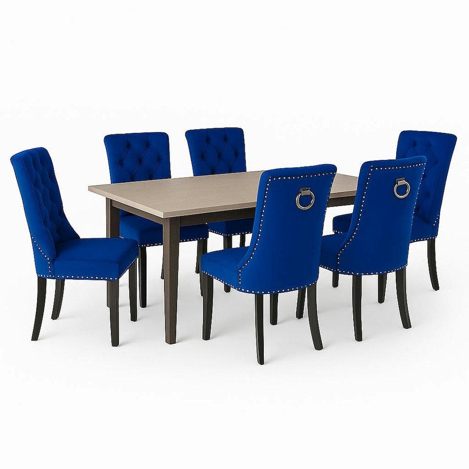 image 1 of Blue Set of Six Studded Velvet Dining Chair with Ring Knocker Detail Blue
