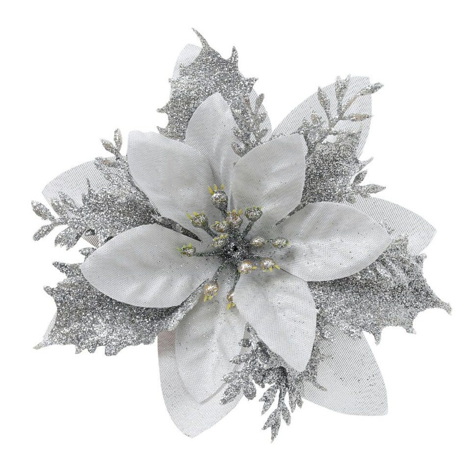 image 1 of Living and Home 24 Pcs Artificial Poinsettia Flowers Christmas Tree Ornament Set- Silver