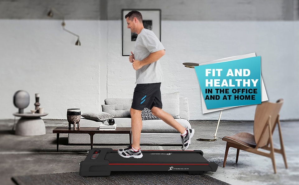 image 1 of Strongology MOTIONIC BLACK Home and Office Ultra Quiet Adjustable Speed 1-8km/h Slimline 2.5HP Bluetooth Treadmill with LED Display - Fully Assembled