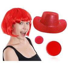 Red Nose, Glitter Cowboy Hat, Bob Wig & Face Paint Red | One Size