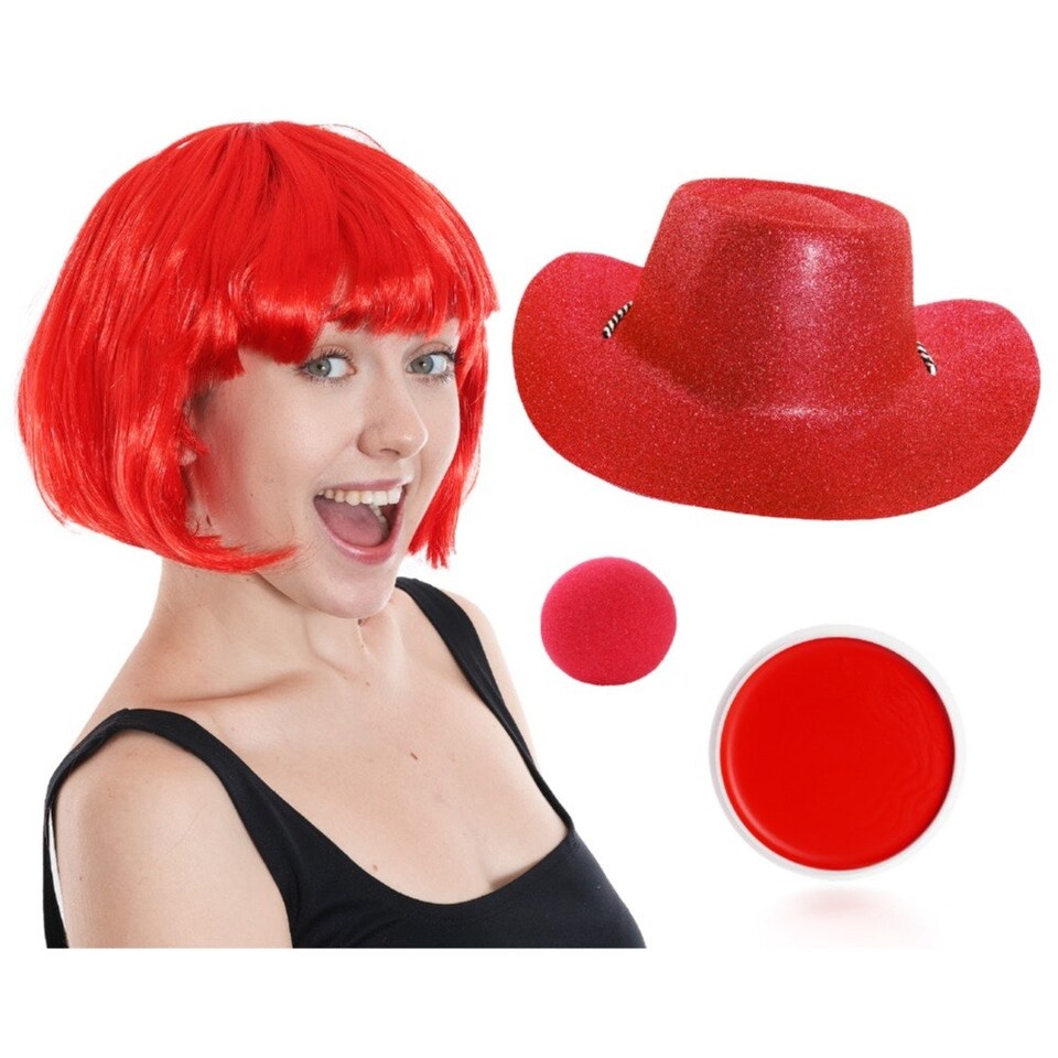 image 1 of Red Nose, Glitter Cowboy Hat, Bob Wig & Face Paint Red | One Size