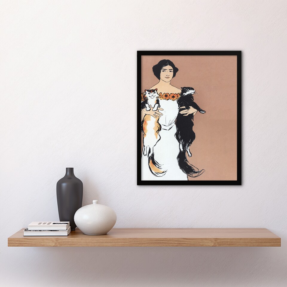 image 1 of Woman Holding Two Cats Drawing Vintage Framed Wall Art Print Penfield 12x16"