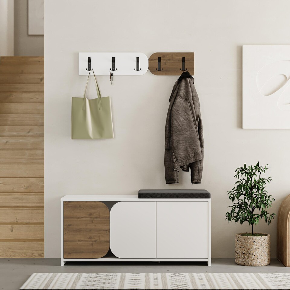 image 1 of Decortie Moni Shoe Cabinet with Hooks White Dark Oak Effect
