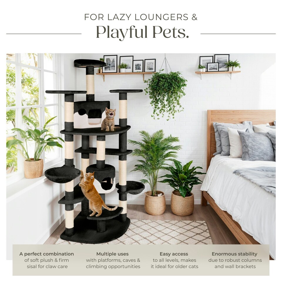 image 1 of Cat Tree Nelly - 204 cm tall, sisal scratching posts, toy & anti-tip protection - Black/White