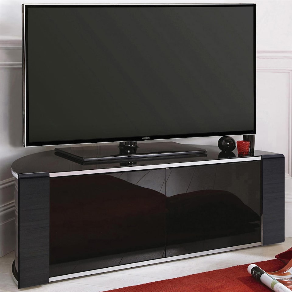 image 1 of MDA Designs Sirius 850 Remote Friendly Beam Thru Glass Door Gloss Piano Black with Black Front Profiles & Silver Trim up to 40" LCD/Plasma/LED Cabinet TV Stand | Multi | 1