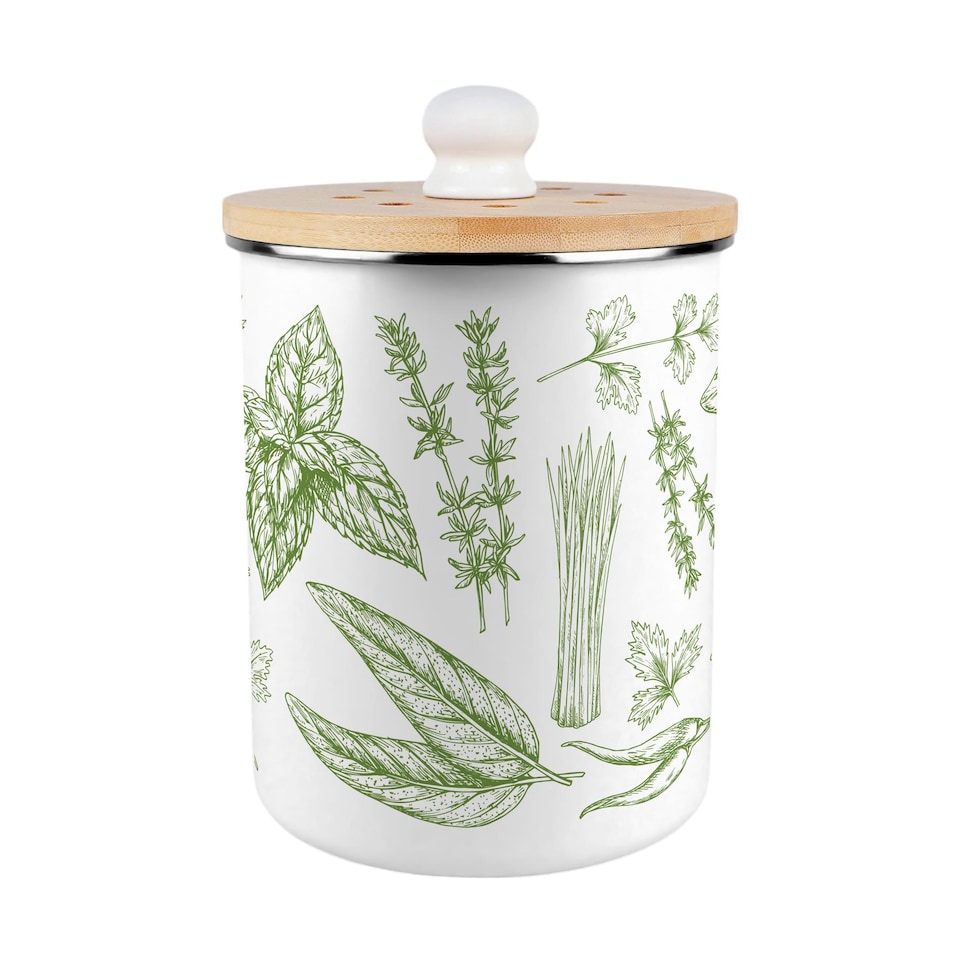 image 1 of Green Herbs Food Waste Caddy - Metal 2L Decorative Kitchen Compost Bin
