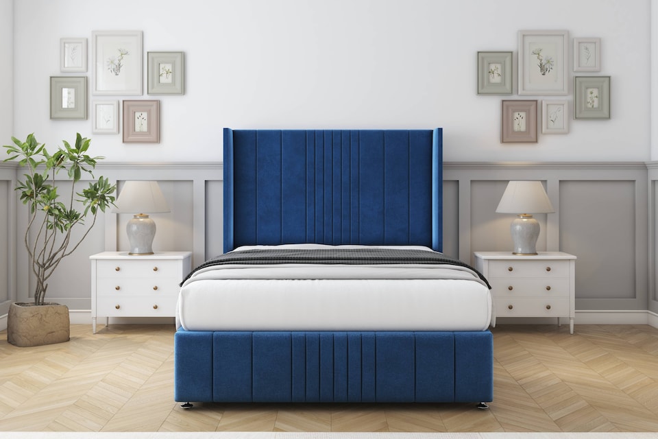 image 1 of Sloomy Hargrave Navy Plush Divan Bed With Mattress No Drawers With 54" Wingback Headboard & 12" Matching Footboard 5' King | Blue | Navy | King | 1