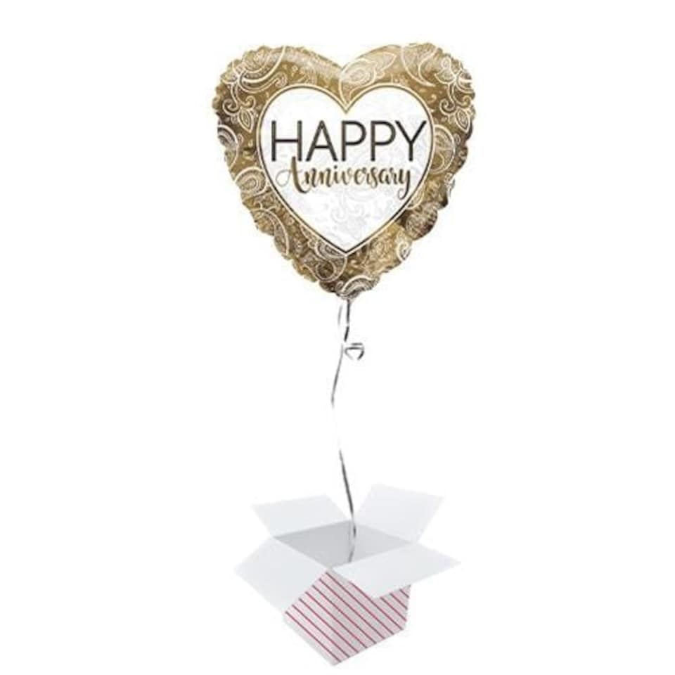 Happy Anniversary Gold Ornaments Heart Shape ECO Foil Helium Balloon - Inflated Balloon in a Box