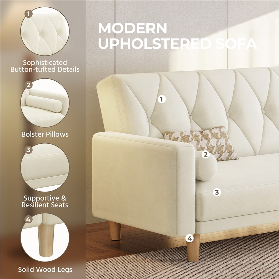 image 1 of Yaheetech Velvet Convertible Sofa Bed with 2 Bolster Pillows-Beige