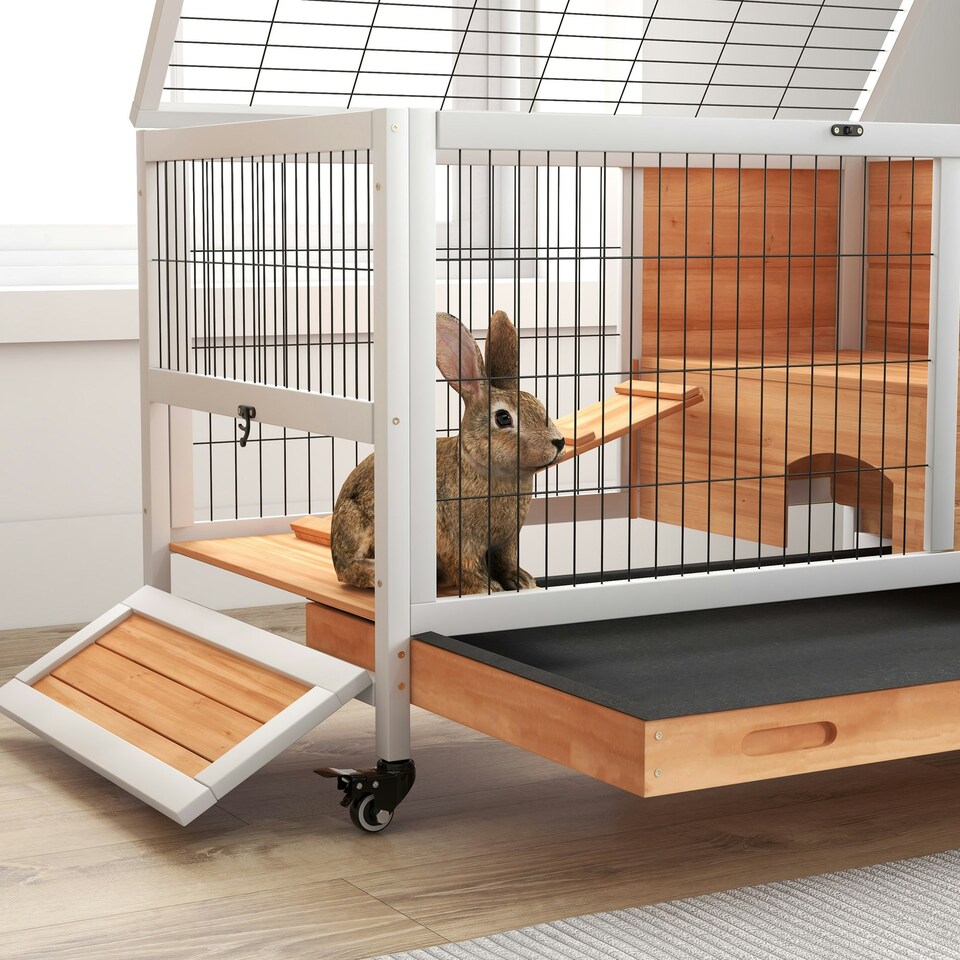 image 1 of PawHut Wooden Guinea Pig Hutch 2-Floor Design w/ Wheels, Yellow