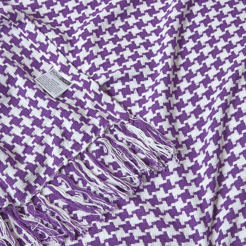 image 1 of Homescapes Purple Houndstooth Cotton Bedspread Throw - 225 x 255 cm | Purple | 1