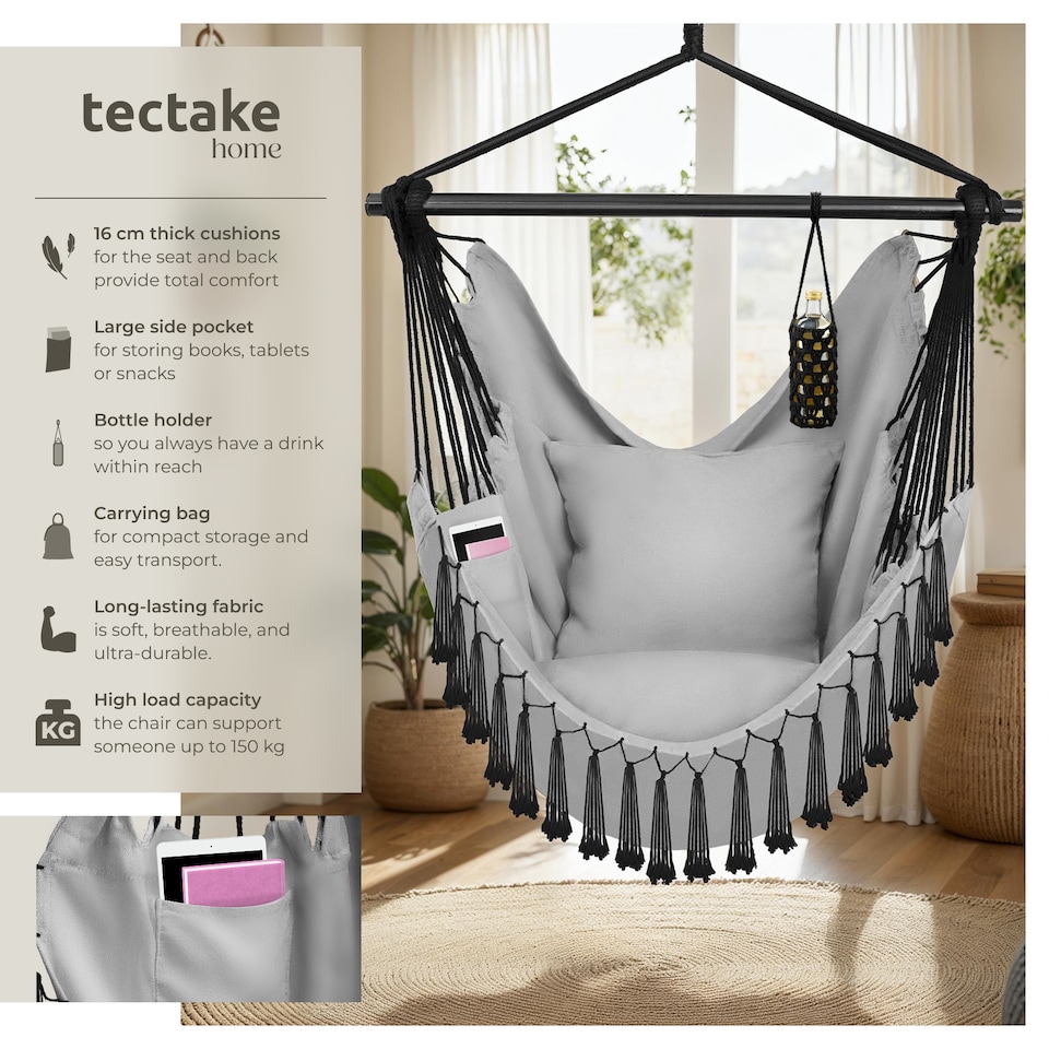 image 1 of Hanging Chair Malika, Boho Style, Load Capacity 150kg | Grey | grey | One Size | 1