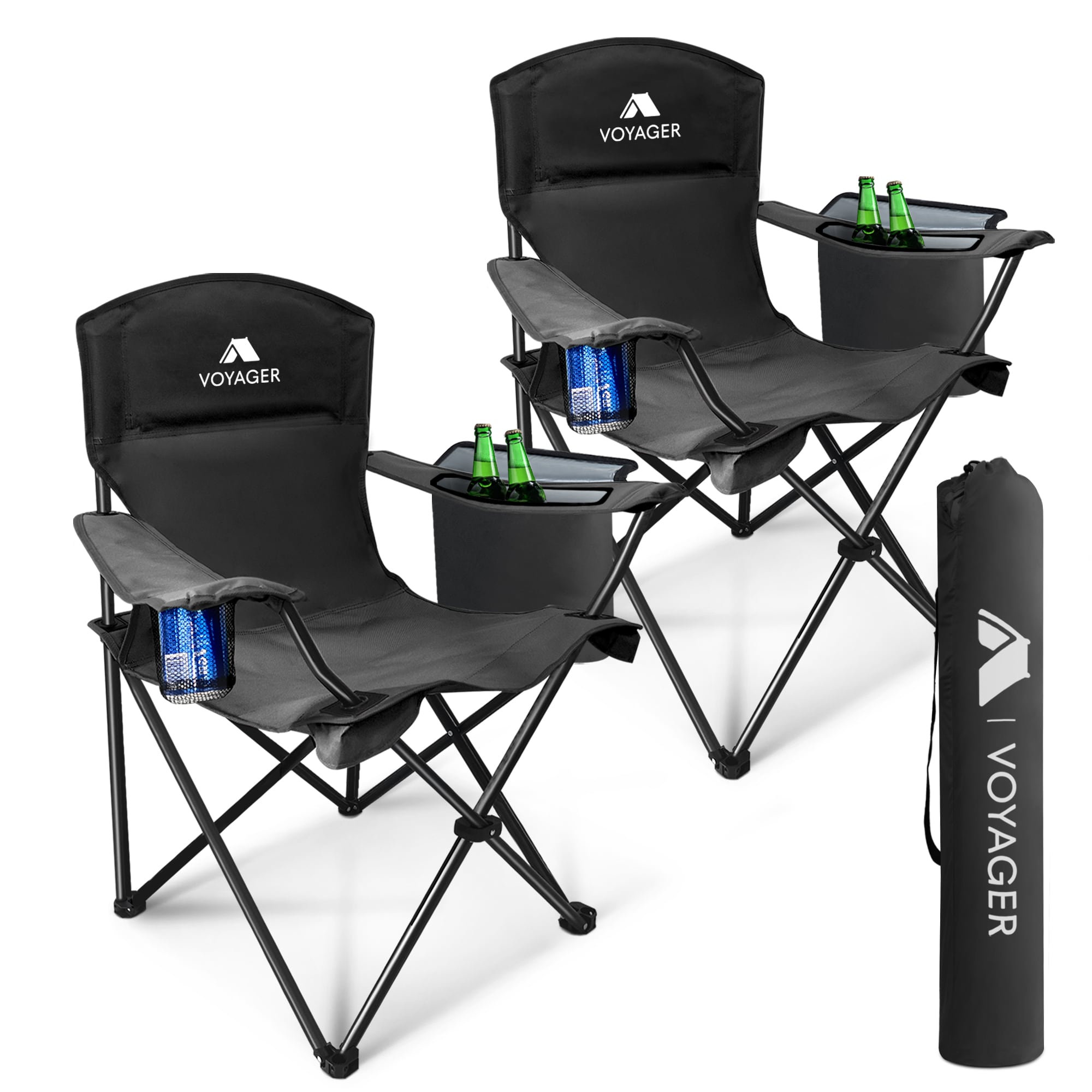 Voyager 2 Pack Folding Camping Chairs with Cooler Bag, Portable & Comfortable in Black