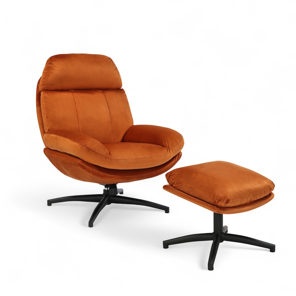 image 1 of Velvet Orange Brenna Swivel Armchair with Footstool