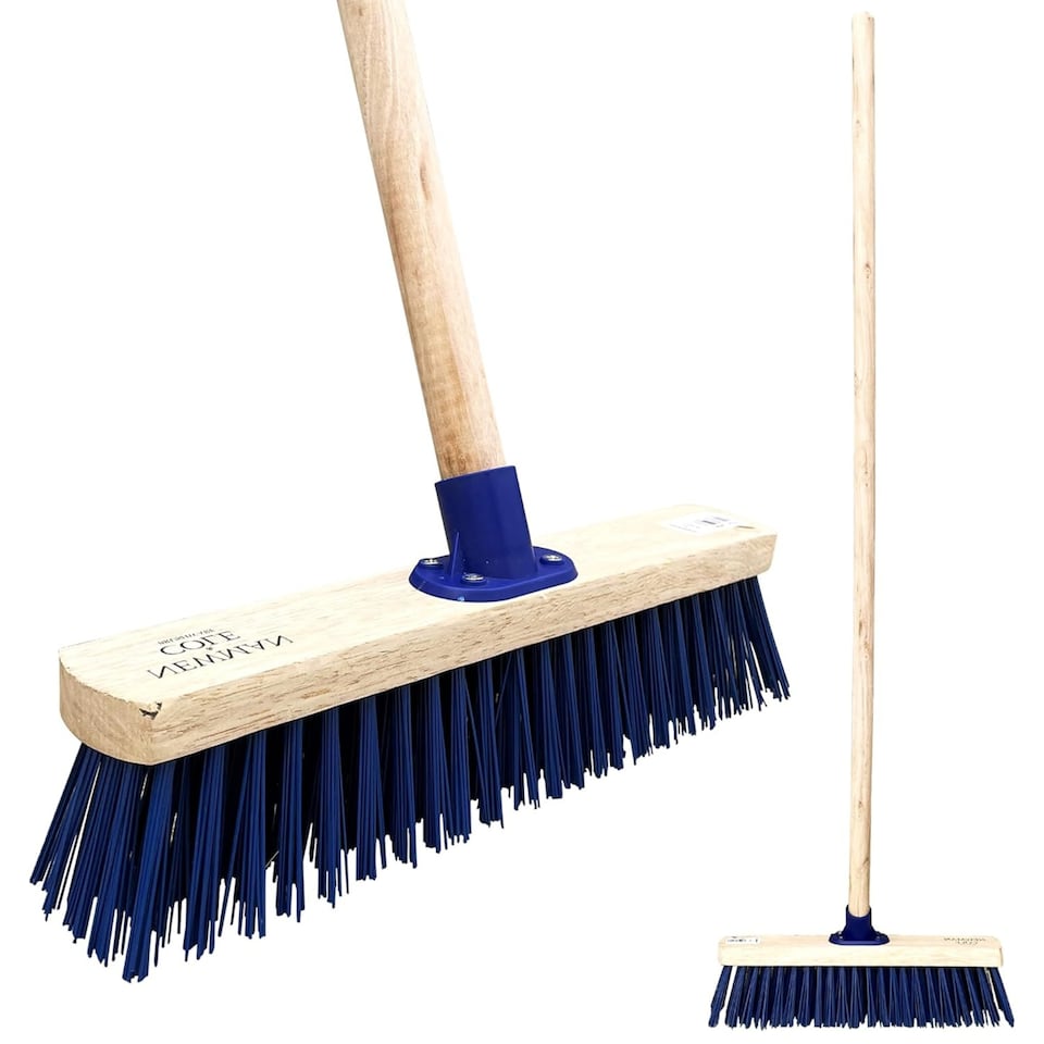 image 1 of 15" Heavy Duty Outdoor Broom with Stiff PVC Bristles and Long Wooden Handle