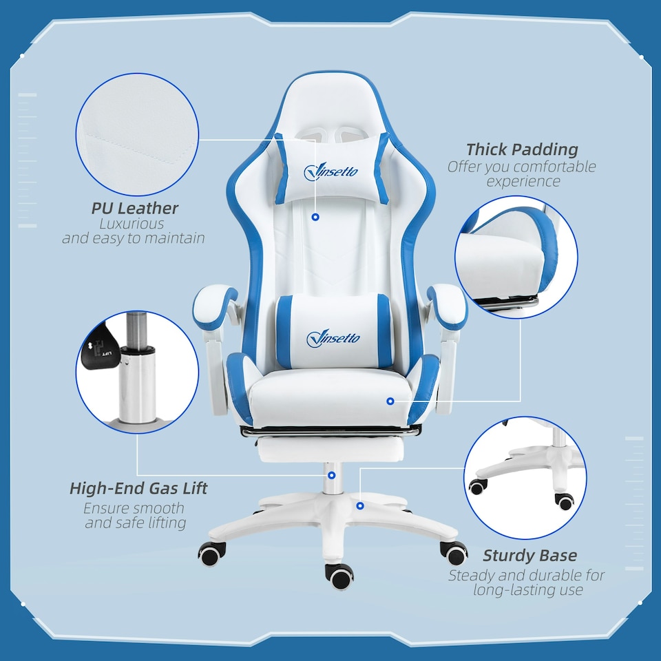 image 1 of Vinsetto Racing Style Gaming Chair with Reclining Function Footrest, Blue