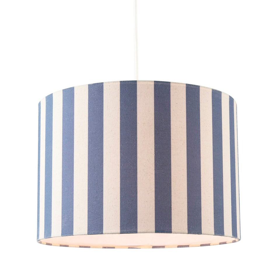 image 1 of Amparo Blue and Oatmeal Linen Striped Drum Lampshade with Fabric Inner Blue