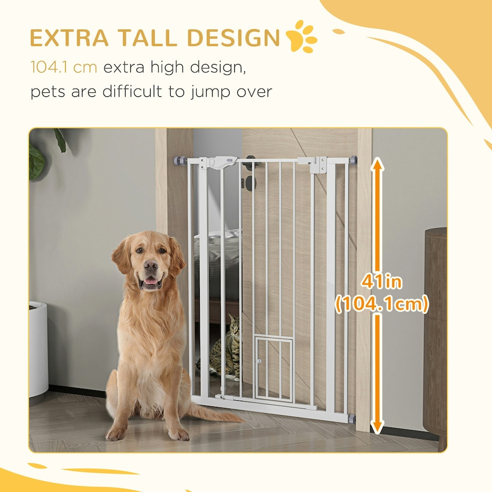 image 1 of PawHut Extra Tall Dog Gate with Cat Door Auto Close for Stairs 74-80 cm Wide