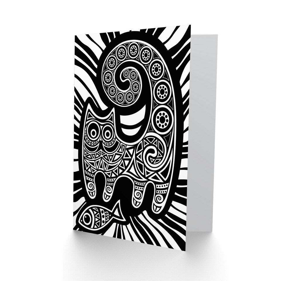 image 1 of Cat and Fish Folk Art for Wife Her Thank You Art Card