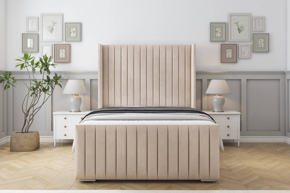 image 1 of Sloomy Marlborough Sand Naples Bed Frame With 50"  Upholstered Wingback Headboard 4' Small Double