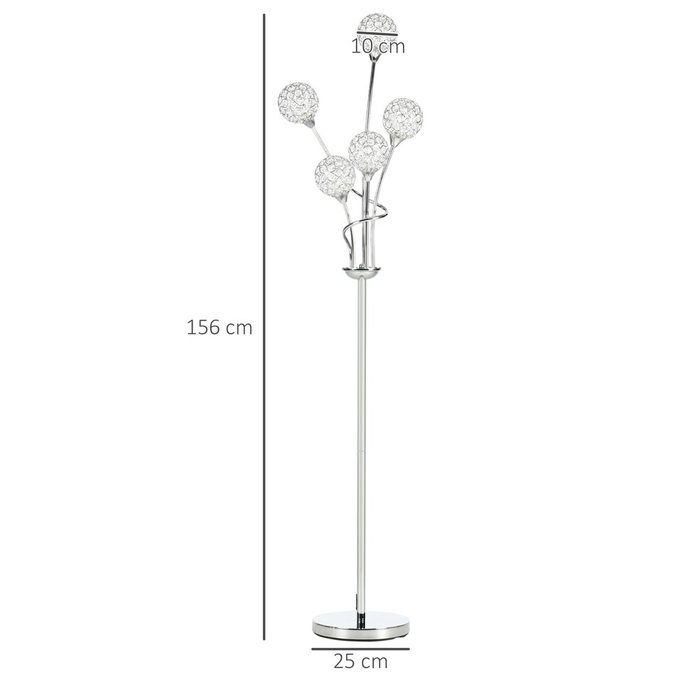 image 1 of HOMCOM Modern Floor Lamp w/ K9 Crystal Shade, 5 Light, for Living Room, Silver