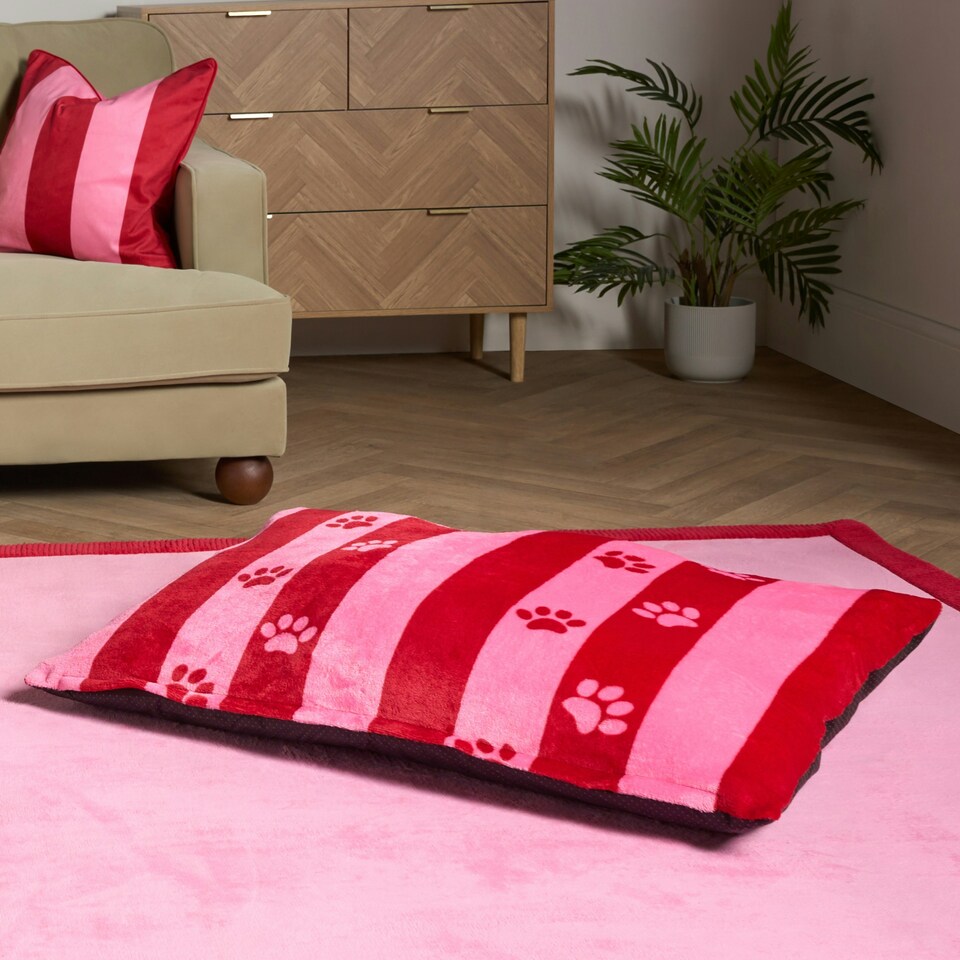image 1 of OHS Dog Paw Print Soft Plush Plump Cosy Autumn Pumpkin Stripe Leopard Pet Bed Cushion, 80x60cm Multi | Pink/Red - Stripe | L