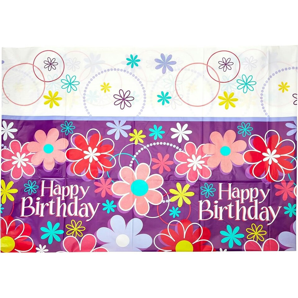 Unique Party Plastic Floral Happy Birthday Party Table Cover - Purple/Multicoloured - 2.1m x 1.3m